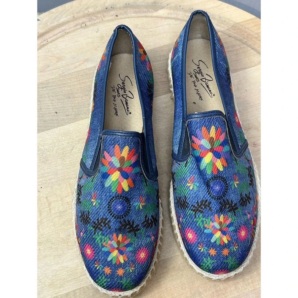Sergio‎ Banamex Shoes Womens Size 8.5 Blue Floral Denim Espadrille Slip On